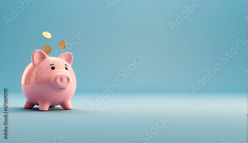 Pink piggy bank with coins falling to the floor blue background, Financial and money deposit concept.