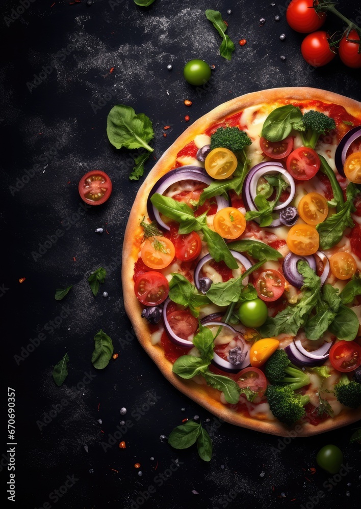 Close up front view of fresh hot pizza on black stone luxury table, junk food . Generative Ai.