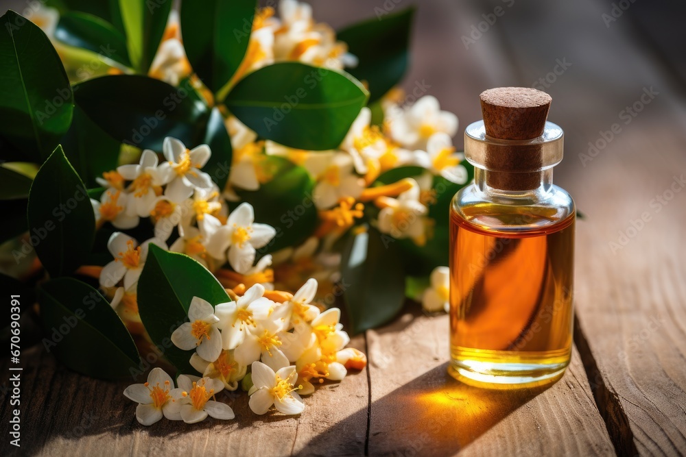 Essential oil with jasmine flowers in a small glass bottle. Close-up. Generative Ai