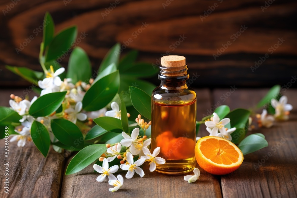 Essential orange oil in small bottle with fresh orange and flowers on wooden background. Close-up. Generative Ai Essential orange oil in small bottle with fresh orange and flowers on wooden background. Close-up. Generative Ai