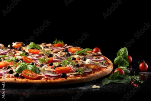 Close up front view of fresh hot pizza on black stone luxury table, junk food . Generative Ai.