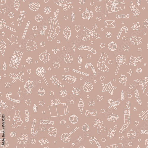 Vector seamless pattern with hand drawn doodle elements. Cute design for Christmas wrappings  textile  wallpaper and backgrounds.