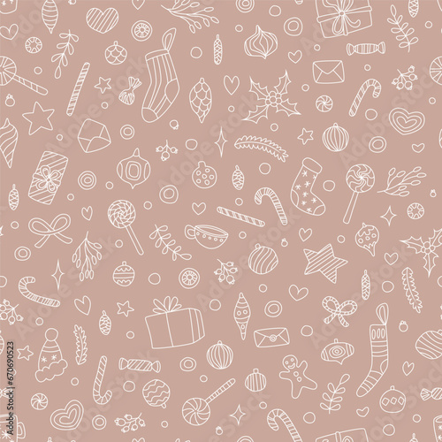Vector seamless pattern with hand drawn doodle elements. Cute design for Christmas wrappings, textile, wallpaper and backgrounds.