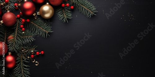 dark background with a New Year's composition of balls, beads and spruce with space for text or congratulations