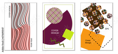Geometric cover design, set of 3 covers. Abstract unusual background in Memphis style. Bright geometric shapes in random order