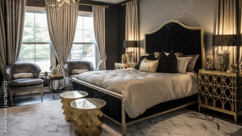 Bedroom decor, home interior design . Art Deco Hollywood Regency style with Chandelier decorated with Marble and Gold material . Generative AI AIG26. photo