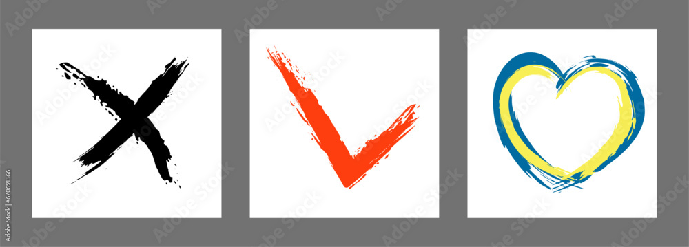 The cross, heart and OK symbol are hand-drawn with a brush. Prohibition, denial, error. Love. Approval, consent. Vector, set of 3 characters The cross, heart and OK symbol are hand-drawn with a brush. Prohibition, denial, error. Love. Approval, consent. Vector, set of 3 characters