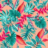 Watercolor foliage pattern, blue leaves, pink flowers, tropical, seamless.