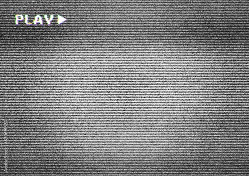 TV screen texture with glitch text PLAY. HDTV no signal problems. Bad TV signal on TV screen Noise of motion background lines. Glitch VHS. Retro play concept. Glitch camera effect.Video rewind texture photo