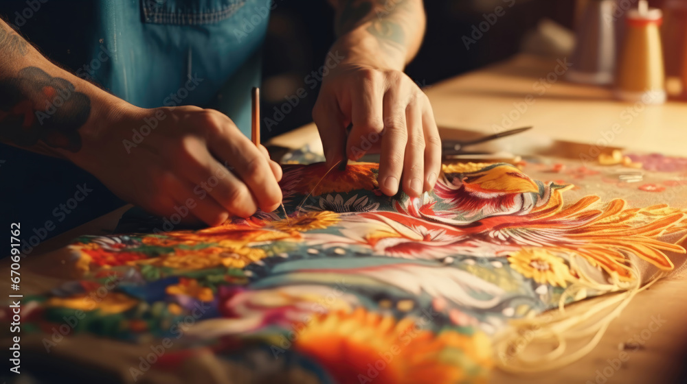 Cultural Artistry Skilled Hands Weaving Traditional Embroidery with Red Thread Cultural Artistry Skilled Hands Weaving Traditional Embroidery with Red Thread