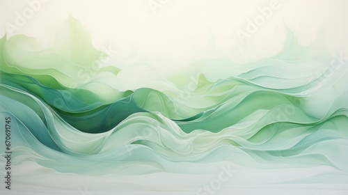 Abstract background with green waves and landscape painting