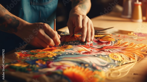 Cultural Artistry Skilled Hands Weaving Traditional Embroidery with Red Thread