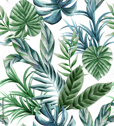 Watercolor leaves pattern white background  seamless  tropical foliage  green and blue