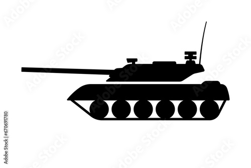 Tracked tank icon. Black silhouette. Side view. Vector simple flat graphic illustration. Isolated object on a white background. Isolate.