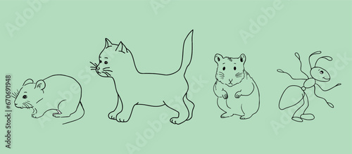 Mouse, cat, hamster, ant. Vector drawing, eps