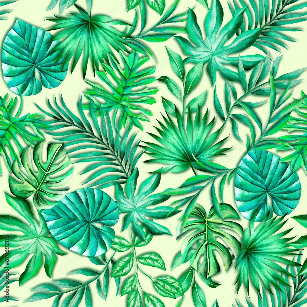Tropical leaves watercolor pattern, foliage seamless, green elements