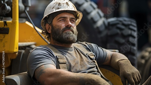 "Verdiente Ruhe: Ein Bauarbeiter in den 30ern gönnt sich nach einem anstrengenden Tag auf der Baustelle eine kurze Pause"