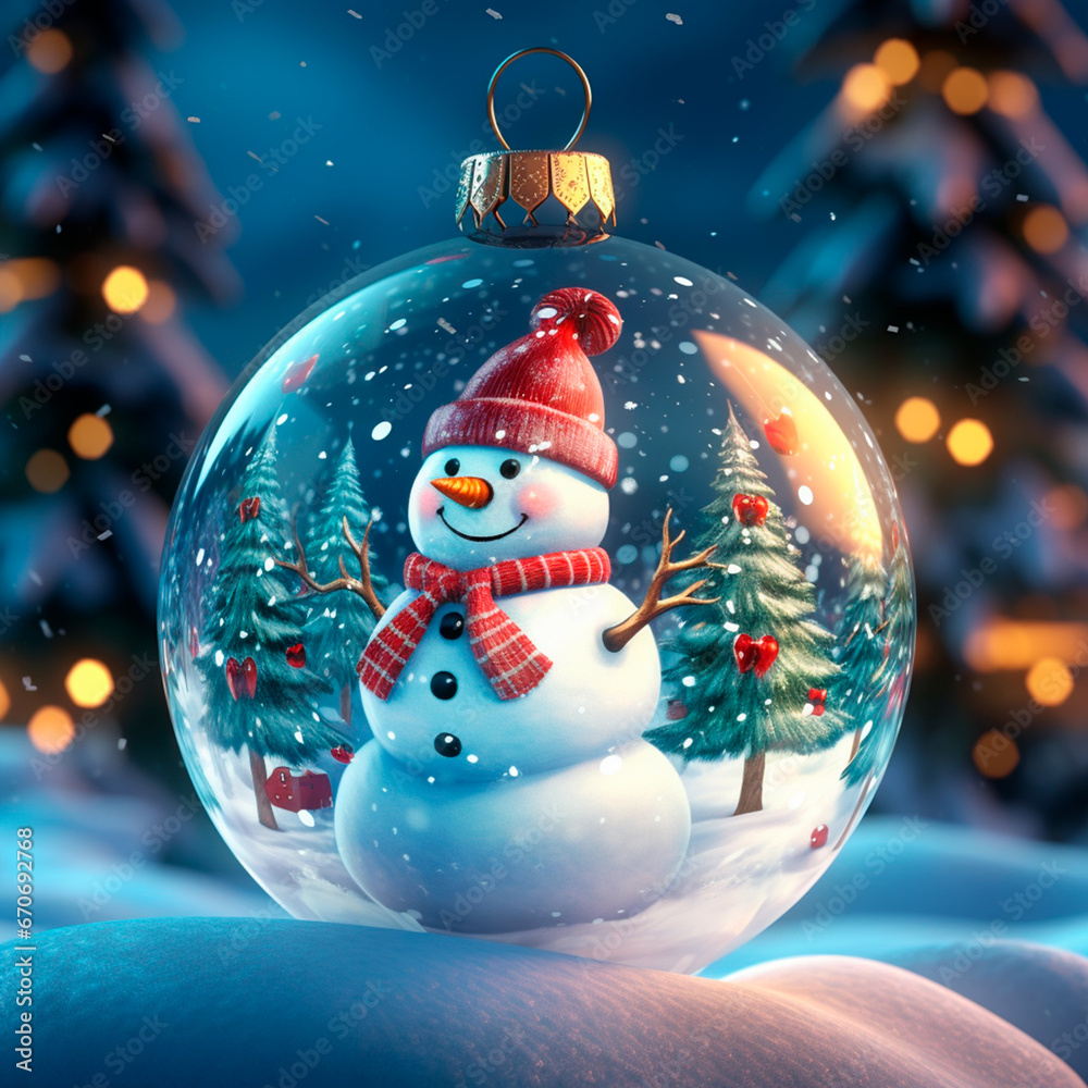christmas ball with snowman inside, dressed in warm clothes, snowy winter landscape and Christmas trees