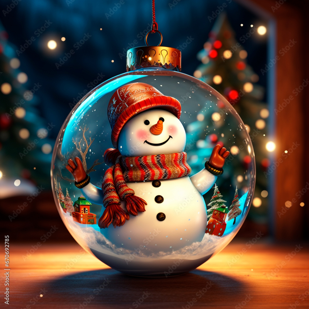 christmas ball with snowman inside, snowy winter landscape and Christmas trees