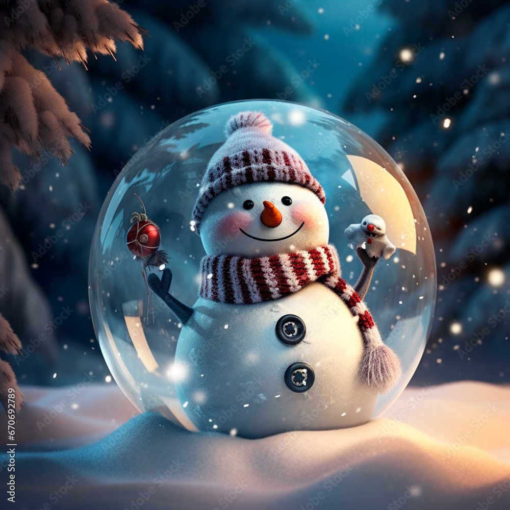 christmas tree ball with snowman inside, winter landscape and snowy trees