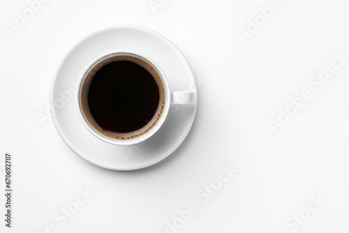 Top view photo of A cup of coffee with steam rising from it, sitting on a white isolate background