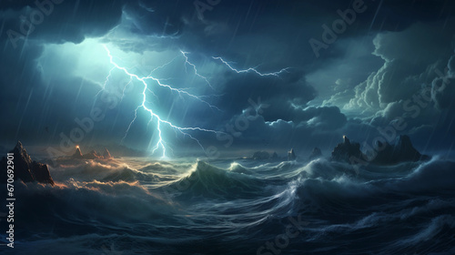 a thunderstorm at sea, towering waves, lightning illuminating the scene, electrifying atmosphere