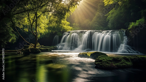 cascading waterfall surrounded by lush green foliage, silky water effect, misty atmosphere, delicate sunlight filtering through © Marco Attano