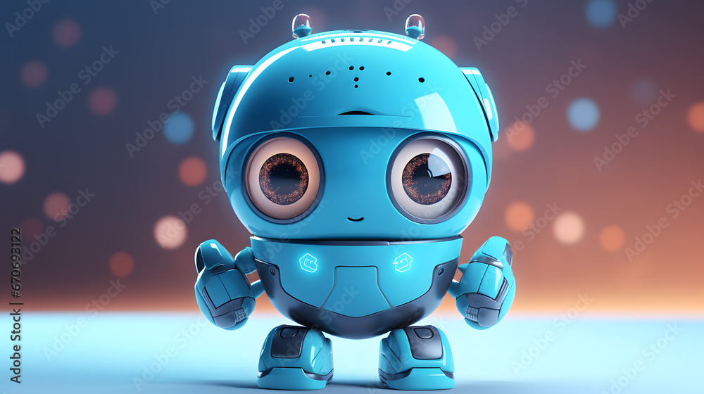 Cute Blue Robot with Sparkling Eyes Against a Bokeh Background.