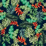 Watercolor flowers pattern, red tropical elements, green leaves, black background, seamless, foliage