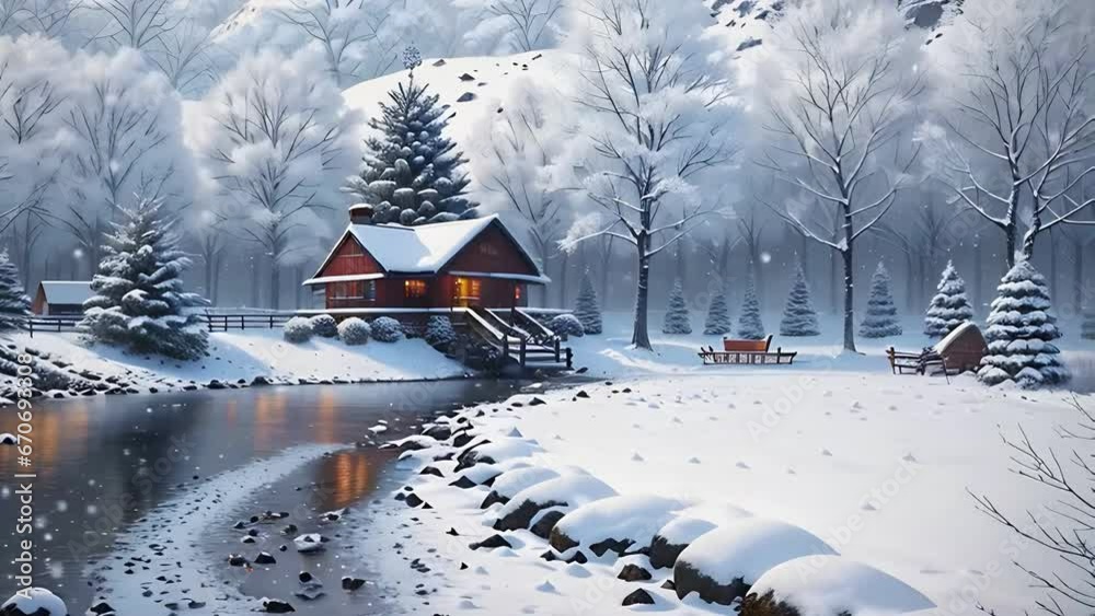 Serene winter landscape with a charming house in a snowy forest, and  festively adorned Christmas tree in the yard. The gently falling snowflakes add to the peaceful and beautiful ambiance of scene