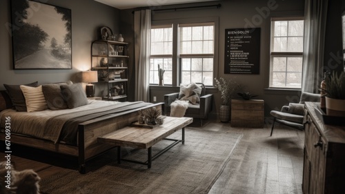 Bedroom decor  home interior design . Industrial Rustic style with Lighting Fixture decorated with Metal and Wood material . Generative AI AIG26.