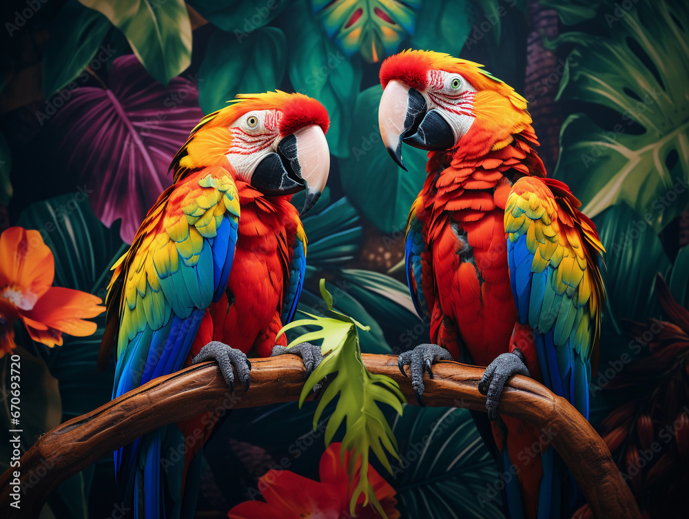 parrots in a jungle setting, bold outlines, high saturation colors, comic book aesthetic, textures and halftone patterns
