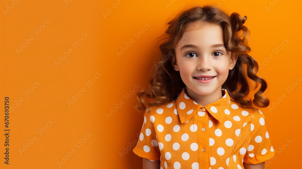 Cheerful Young Girl with Curly Hair Wearing Polka Dot Shirt Against Vibrant Orange Background
