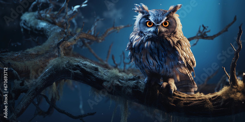 owl perched on a gnarled branch, hyper-detailed feathers and eyes, moonlit, dramatic shadows photo