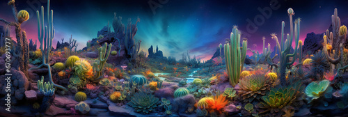 Psychedelic desert garden  cacti and succulents melting into fractal patterns  fluorescent colors  eerie luminescence