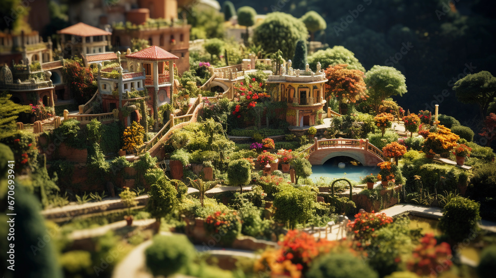 Tilt-shift lens capture of a terraced garden, rendering it like a tiny model, vivid and oversaturated colors, afternoon sunlight Tilt-shift lens capture of a terraced garden, rendering it like a tiny model, vivid and oversaturated colors, afternoon sunlight