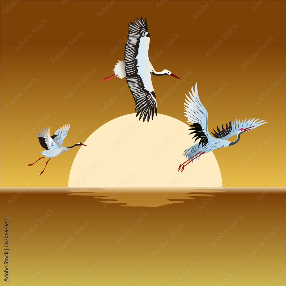 Fototapeta premium vector stork bird, heron with background sunset