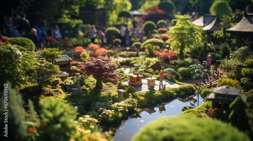 Tilt-shift lens capture of a terraced garden, rendering it like a tiny model, vivid and oversaturated colors, afternoon sunlight