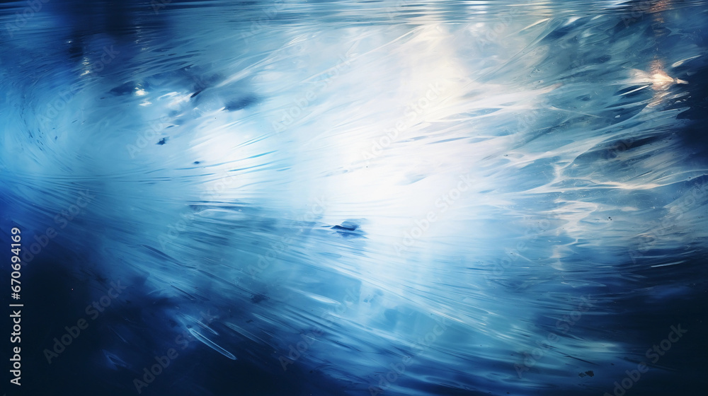 Abstract impressionism, swirling snowflakes over a moonlit icy pond, dynamic brush strokes, cobalt blues and silver highlights, dreamlike atmosphere