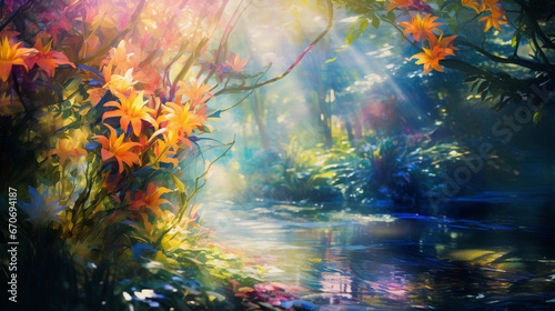 Abstract impressionism, vivid and swirling colors representing a botanical garden in full bloom, dappled sunlight filtering through the trees, ethereal atmosphere
