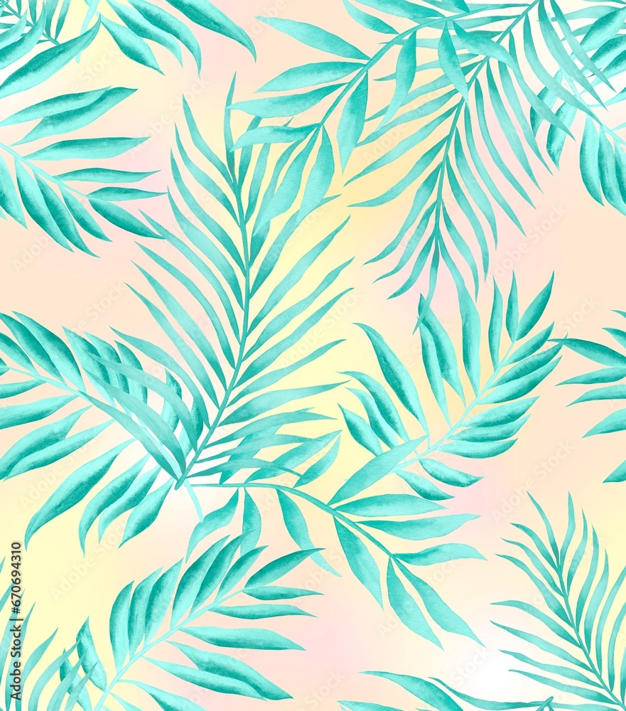 Watercolor leaves pattern, blue and green foliage, coloful candy colors background, seamless