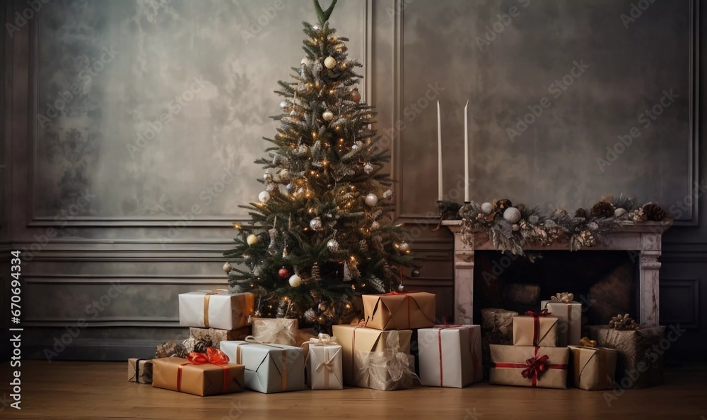 An empty room with various wrapped gifts under the Christmas tree, AI generator An empty room with various wrapped gifts under the Christmas tree, AI generator
