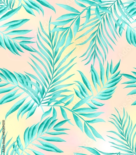 Watercolor leaves pattern, blue and green foliage, coloful candy colors background, seamless