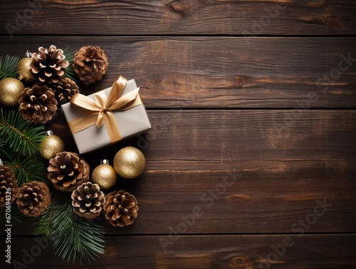 Top view of shiny Christmas balls, pine cones and gift card on wooden surface, AI generator