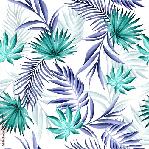 Watercolor leaves pattern, green and blue foliage, white background, seamless