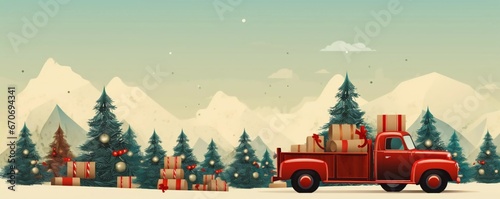 Christmas background. pickup truck with Christmas trees and gifts. Happy New Year and Christmas, AI generator photo