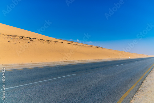 A view of sand dunes beside the coast road between Walvis Bay and Swakopmund, Namibia in the dry season