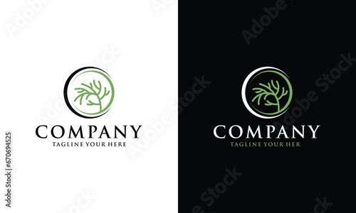 Circle tree logo icon template design. Round garden plant natural line symbol. Green branch with leaves business sign. Vector illustration. Emblem logo.Print