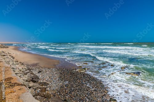 A view from the coast road towards Walvis Bay, Namibia in the dry season