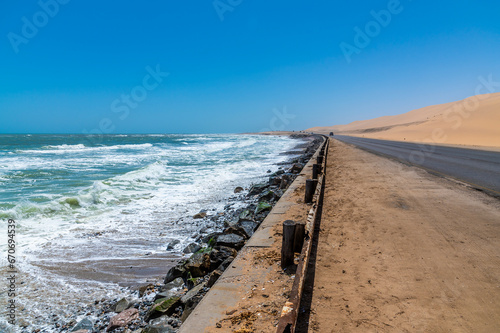 A view along the coast road between Walvis Bay and Swakopmund  Namibia in the dry season